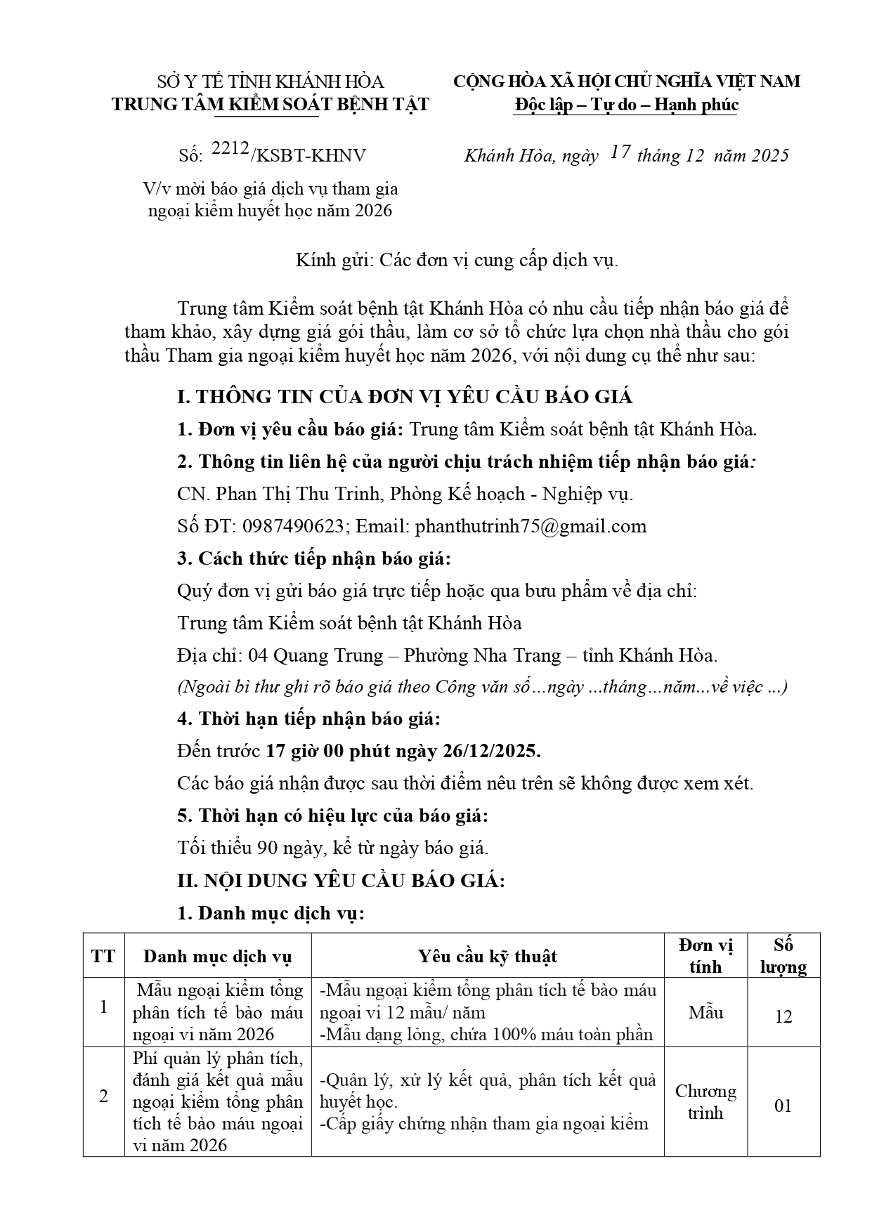 V/v mời báo giá dịch vụ tham gia ngoại kiểm huyết học năm 2026